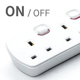 White power strip with on/off switch on a white background
